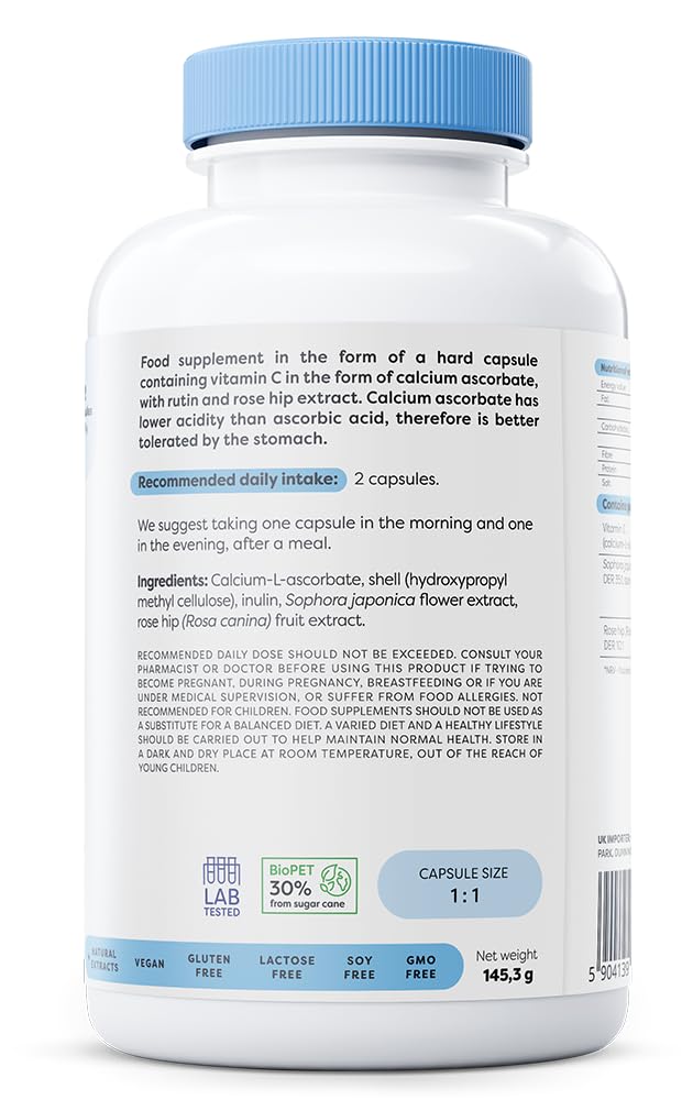 Osavi Vitamin C 1000 with Rutin & Rose Hip – 180 Vegan Capsules | Buffered Calcium Ascorbate | Supports Immunity, Collagen Formation & Iron Absorption | Gentle on the Stomach 180 count (Pack of 1)