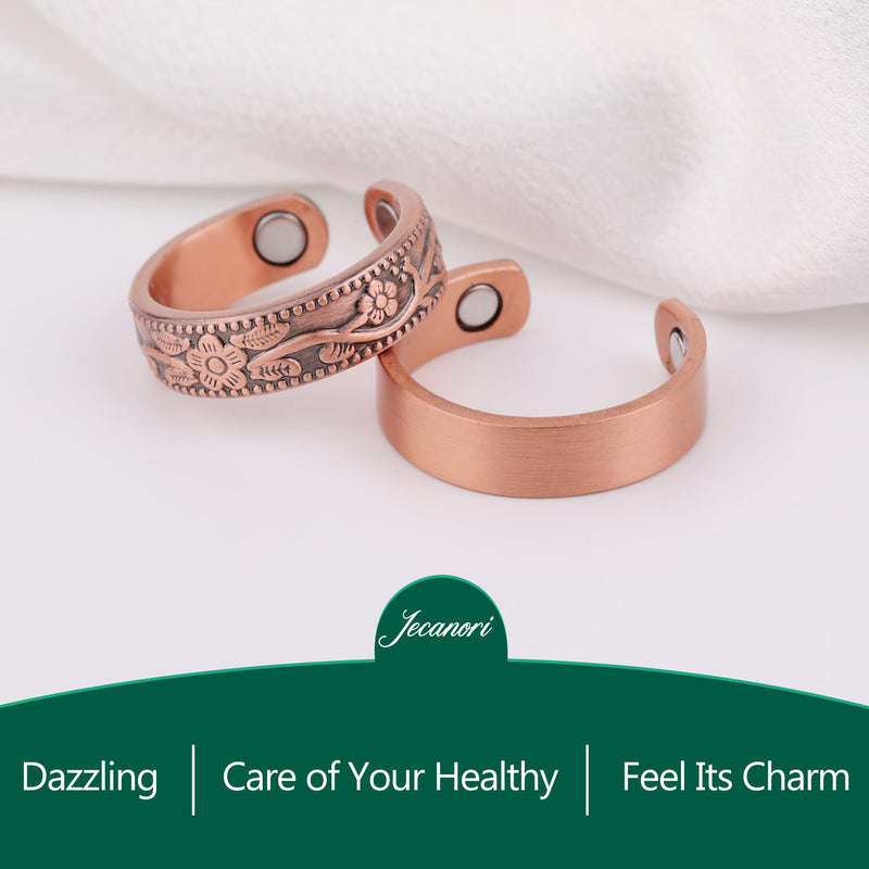 [Australia] - 2PCS Copper Rings for Women Men,Magnetic Therapy Copper Ring,Adjustable Jewelry Gift with Ring Box(Vintage Flower|Uncoated Sleek) 