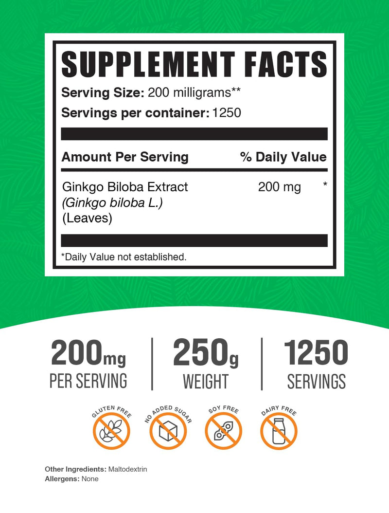 [Australia] - BulkSupplements.com Ginkgo Biloba Extract Powder - Ginkgo Biloba Supplements, Ginkgo Biloba 120mg - Ginkgo Biloba Powder, Ginkgo Leaf Powder - Gluten Free, 120mg per Serving, 250g (8.8 oz) 8.75 Ounce (Pack of 1) 