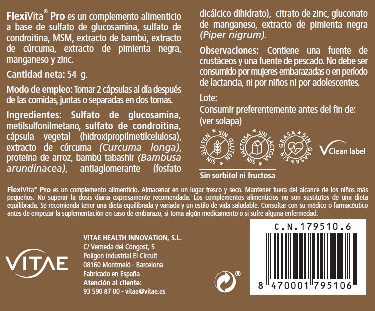 Vitae FlexiVita Pro 60 capsules | Joints, cartilages and tendons | Osteomuscular health | Glucosamine and Chondroitin | Natural formula