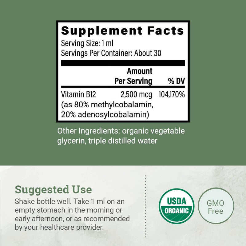 Earth Harmony Naturals Organic Vegan Vitamin B12 Sublingual Liquid Supplement - 2500mcg Methylcobalamin Drops for Natural Energy, Metabolism Health and Immune System Support - 1 Fl Oz 1 Fl Oz (Pack of 1)