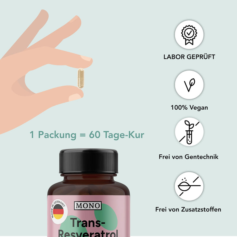 [Australia] - MONO® Trans-Resveratrol high dose | 500mg bioactive trans-resveratrol (Veri-te™) from Switzerland per capsule | Premium quality from DE | 98% Trans-Resveratrol - Vegan 1 x 60 capsules 
