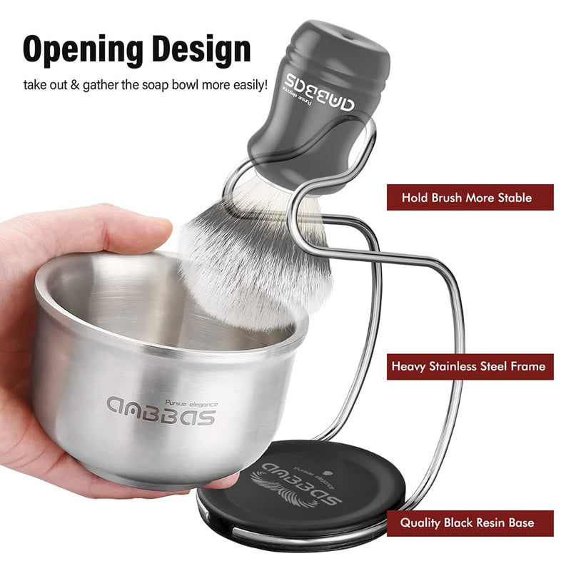 [Australia] - Anbbas Synthetic Badger Hair Shaving Brush,Stainless Steel Shaving Soap Bowl and Higher Brush Holder Stand Set for Men Wet Shave Silver-upgraded 