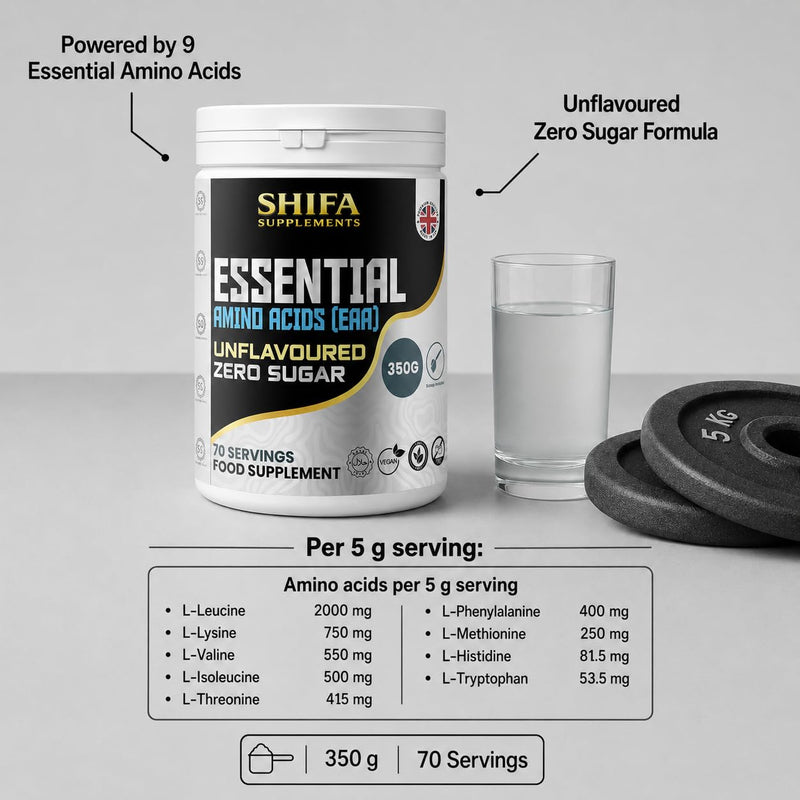Essential Amino Acids (EAA) Powder 350g – Unflavoured | 70 Servings | Zero Sugar | Vegan | No Sweeteners, No Flavours, Clean Formula Amino Blend, Halal