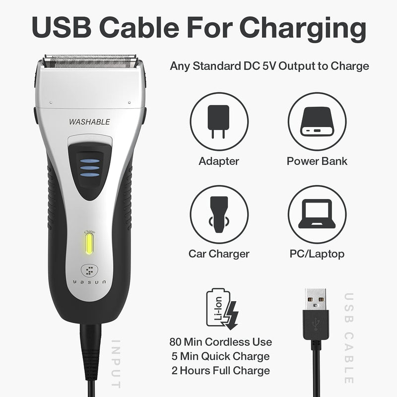 [Australia] - YASUN Foil Shaver - Electric Razor, Wet/Dry IPX7 Waterproof, Pop-up Beard Trimmer, Cordless Rechargeable Mens Razor - YS5800 Silver & Black 