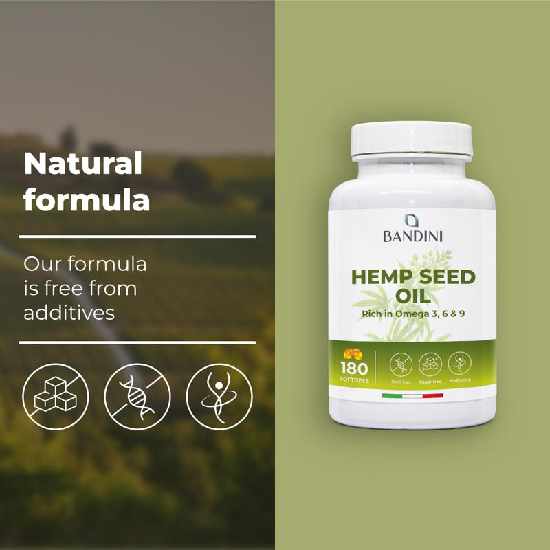 Bandini® Hemp Seed Oil 1000mg per Softgel | 180 Vegan Capsules | High Strength 100% Natural Cold Pressed Hemp Seed Oil | 6-Month Supply, 1 per Day | Rich in Omega 3, 6, 9 | ALA, Linoleic & Oleic Acid
