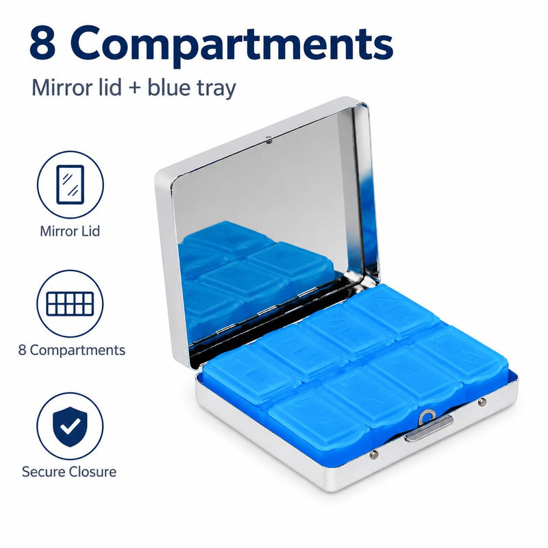 Metal Pill Organizer with Mirror, 8 Compartments Travel Pill Case for Vitamins Supplements Tablets Purse Bag (Skeleton Shelf) Skeleton Shelf