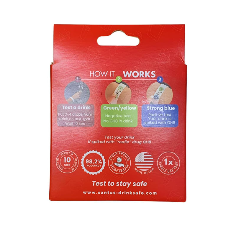 Drink Check Wristband Roofie Test by Xantus | Spiked Drink Wristband Tester Detects GHB Within 10 Seconds Test Your Drink | Spiking Protection Detector Made in USA | (2 Pink Wristbands 8 Tests) 2 Pack