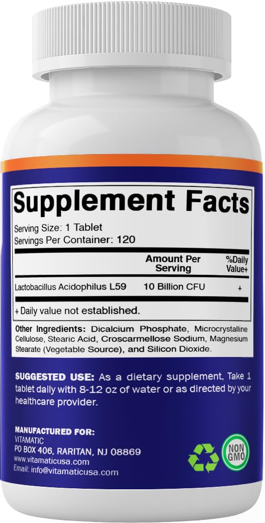 Vitamatic Acidophilus Probiotic - 10 Billion CFU - 5X Potency - Daily Probiotic Supplement, Supports Digestive Health - 120 Tablets (Pack of 2) 120 Count (Pack of 2)