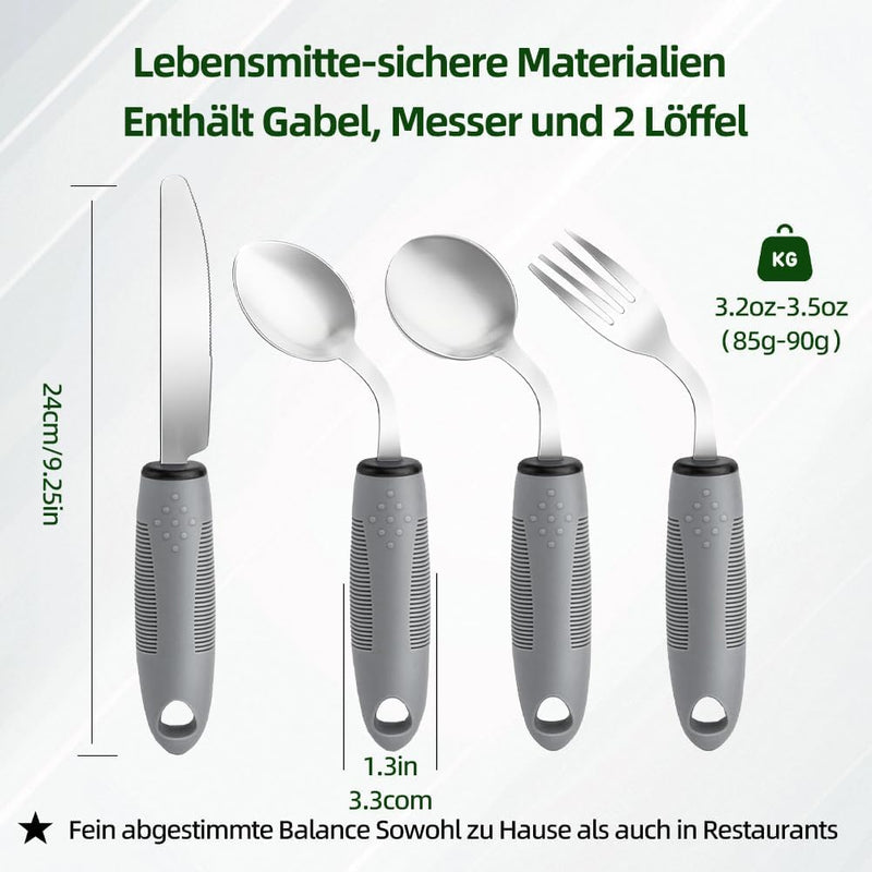 42° Angle Parkinson Cutlery (4-Piece), Adaptive Cutlery Set, 85 g Weighted Cutlery for Hand Tremors and Arthritis - Ergonomic Eating Aids with Non-Slip Handle (Right-Handed Users)
