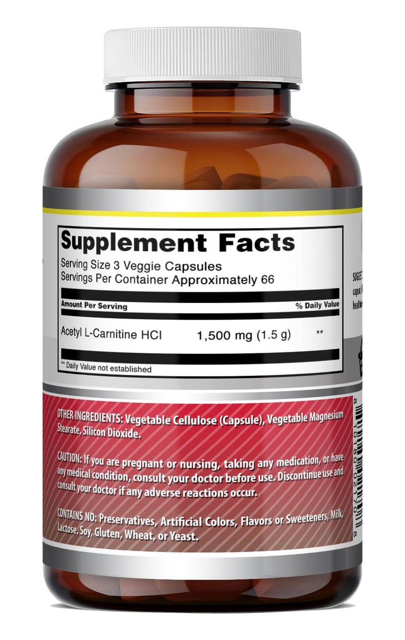 Amazing Formulas Acetyl-Acetyl HCI 1500 Mg | Vegetarian Capsules Supplement | Non-GMO | Gluten-Free | Made in USA (1 Pack | 200 Count) 1500 mg | 1 Pack | 200 Count