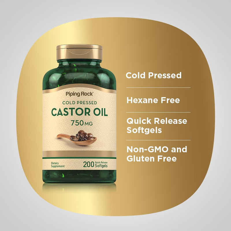 [Australia] - Piping Rock Castor Oil Softgel Capsules 750mg | 200 Count | Cold Pressed | Non-GMO, Gluten Free Supplement 