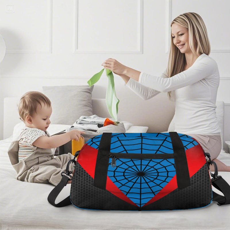 Gym Travel Duffle Bag for Boys - Blue Red Spider Web Kids Overnighter Weekend Bag with Front Zipper Pocket for School Practice, Teens Carry-On Size Sleepover Bags Blue-Red Spider Web