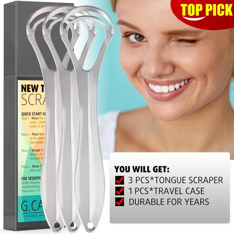 [Australia] - Tongue Scraper, Stainless Steel Tongue Scraper for Kids & Adults, Metal Tongue Scraper with Travel Case - 100% Remove Bad Breath - 3 Pack Tongue Scraper 3 Pack - Silver 