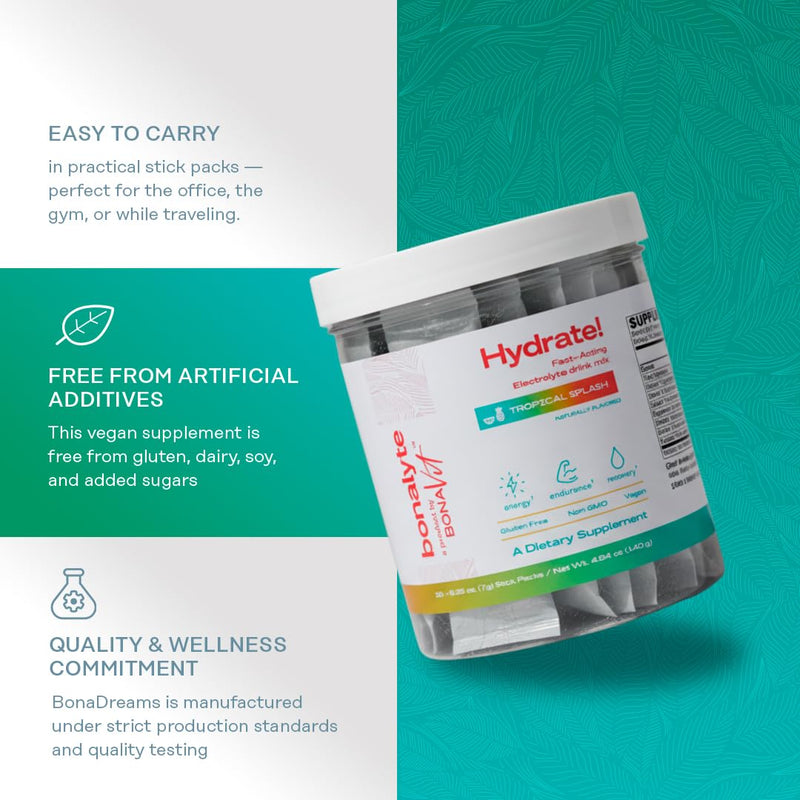 Electrolytes Powder Packets Sugar Free Dr. Formulated | 20 Stick Packs, Zero Sugar Electrolytes, Tropical Flavor, Vitamin C & B12, Non-GMO, BonaLyte