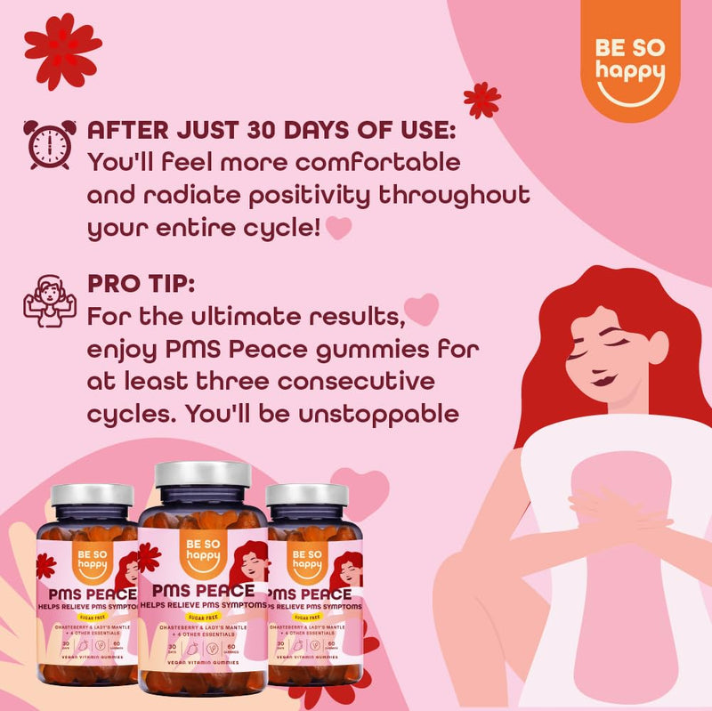 PMS Peace Gummies with Saffron and B Vitamins for Women, Vegan Formula for Premenstrual Support, 60 Gummies. BE SO HAPPY