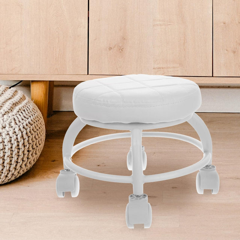 [Australia] - Low Rolling Stool with Wheels PU Leather Low Stool Modern Round Roller Seat for Manicure, Mechanic,Home Office White 