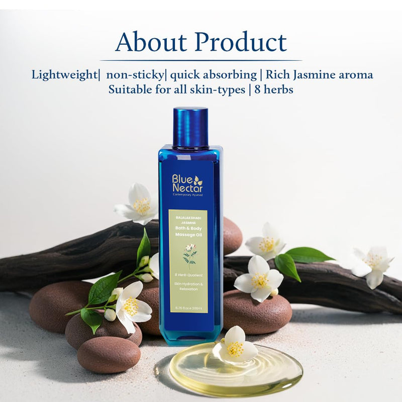 Blue Nectar Jasmine Body Massage Oil | Sensual Massage Oil for Couples | After-Shower Body Oil for Full Body Relaxing Massage Therapy | 8 Ayurveda Oils with Vitamin E & Ashwagnadha (6.76 Fl Oz) 6.76 Fl Oz (Pack of 1)