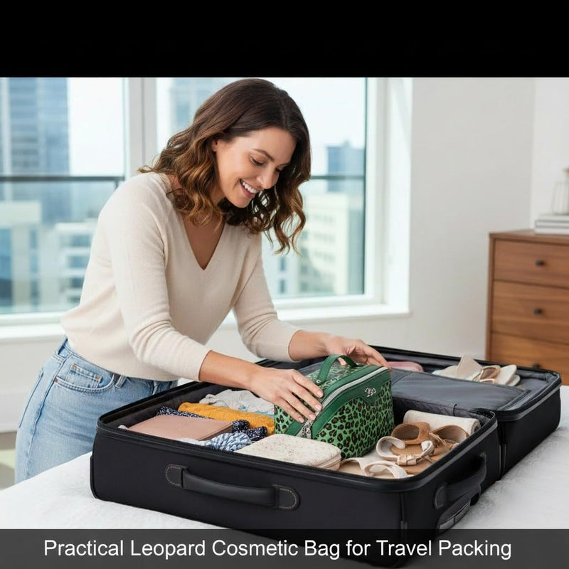 BOYATU Travel Makeup Bag Organizer: 3 Pcs Set Leopard Make up Bag for Women | Vegan Leather Cosmetic Bags with Compartments - Waterproof Toiletry Bag - 180° Open-Flat Make up Case for 3-15 Day Trips 09-Green