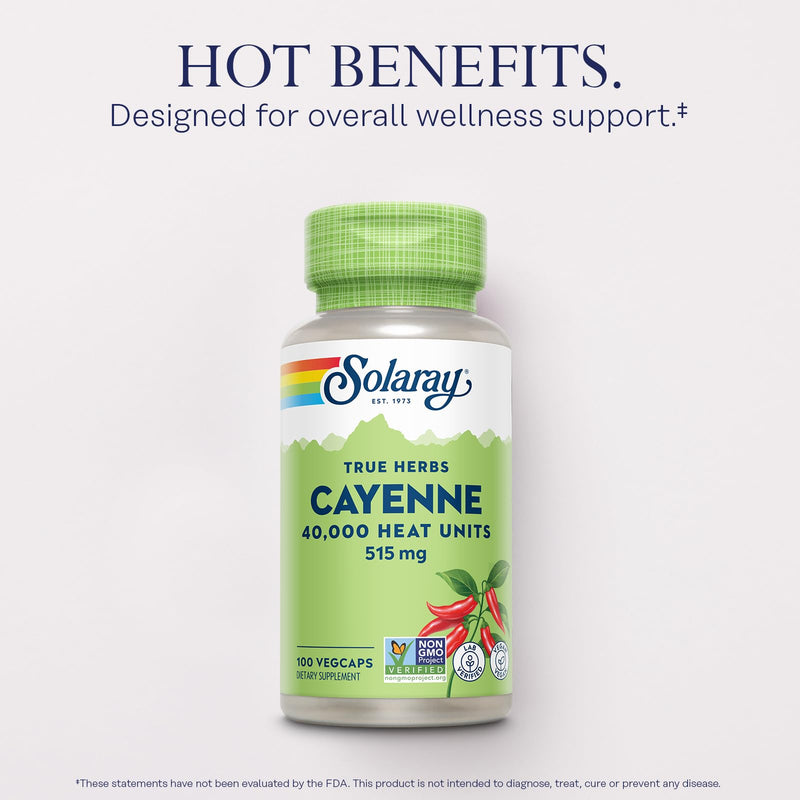 [Australia] - SOLARAY Cayenne Pepper Capsules with Capsaicin - Capsaicin Supplements for Powerful Wellness Support - 40,000 Heat Units per VegCap - Vegan, Non-GMO, Gluten-Free, 60-Day Guarantee, 100 Servings 100 Count (Pack of 1) 