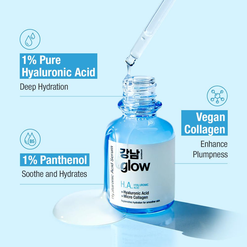 GANGNAM GLOW Hyaluronic Acid Serum 1.01 fl oz | Hydrating Serum with Hyaluronic Acid & Vitamin B5 & Vegan Collagen, Plumping and Fine Lines , Korean Skincare 1.01 Fl Oz (Pack of 1)