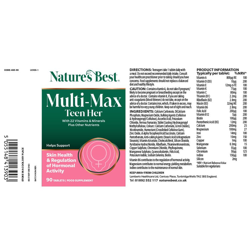 Nature's Best Multi-Max Multivitamin for Teen Her - Growth & Development Support for Girls 13-19 - with Iron, Vitamin B6 & Vitamin C - UK Made - 90 Tablets (3 Months' Supply)