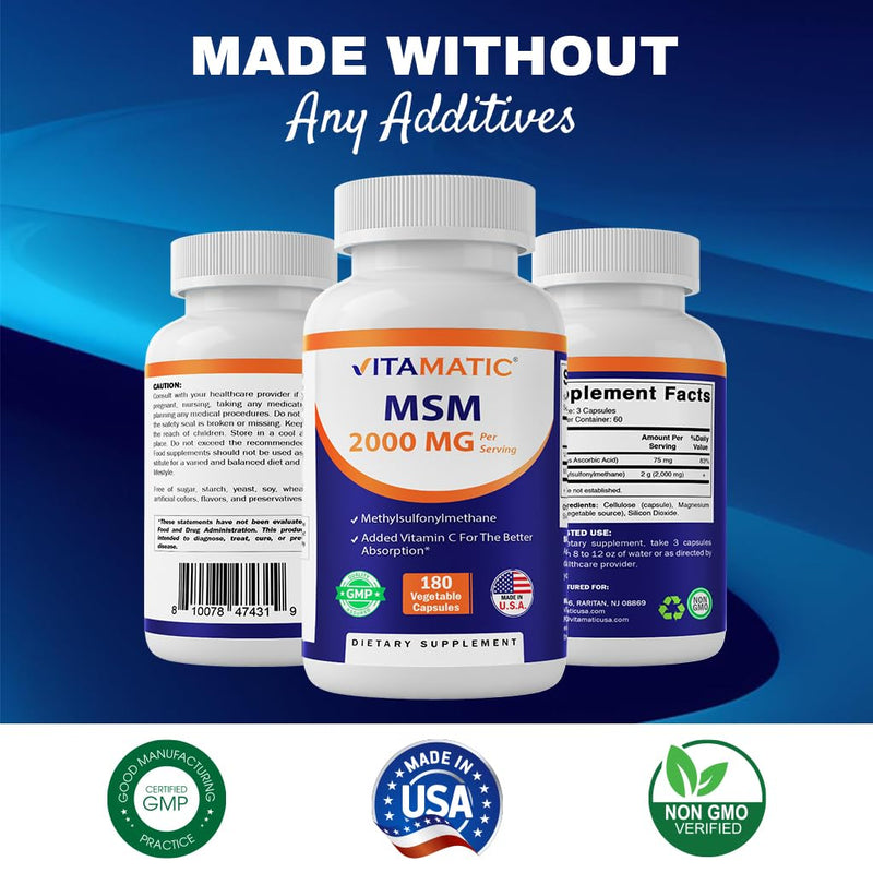 Vitamatic MSM 2000 mg with Vitamin C 75mg per Serving - 180 Veg Capsules - Vitamin C Aid in Better absopriton of MSM (Methylsulfonylmethane) - Non-GMO & Gluten Free (Pack of 2) 180 Count (Pack of 2)