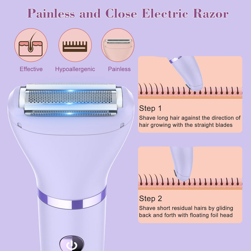[Australia] - 3-in-1 Electric Razor IPX7 Waterproof Bikini Trimmer Wet & Dry Use Painless Personal Trimmer Groomer for Ladies Face Body Legs Bikini Public Hairs Electric Lady Shaver with Replaceable Heads Purple 