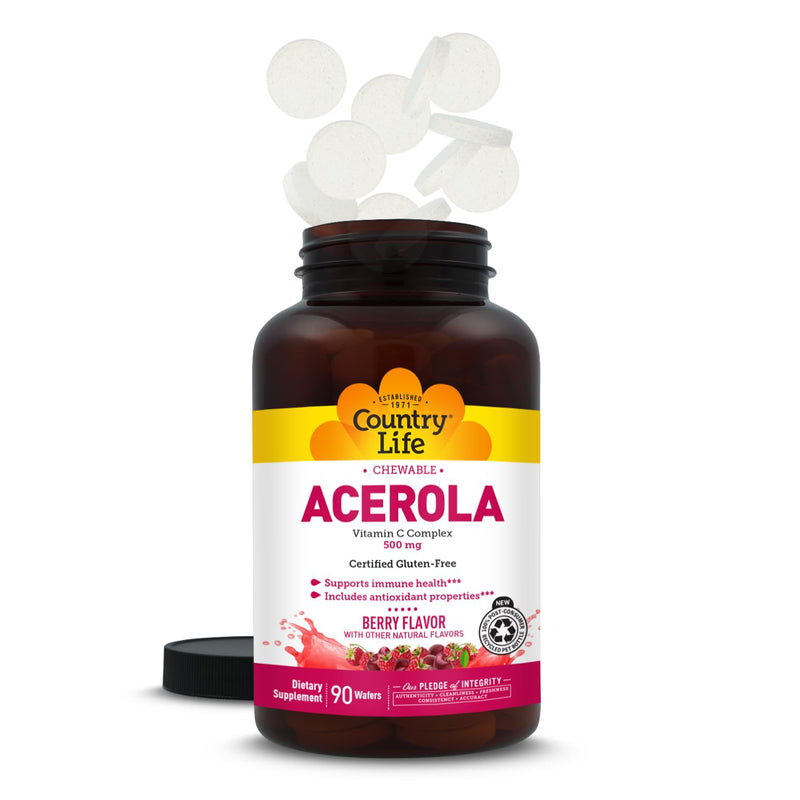 Country Life Acerola Vitamin C Complex 500 mg Chewable Wafers, 90 Count | Berry-flavored daily support for immune health and antioxidant activity with citrus bioflavonoids and rose hips 90 Count (Pack of 1)
