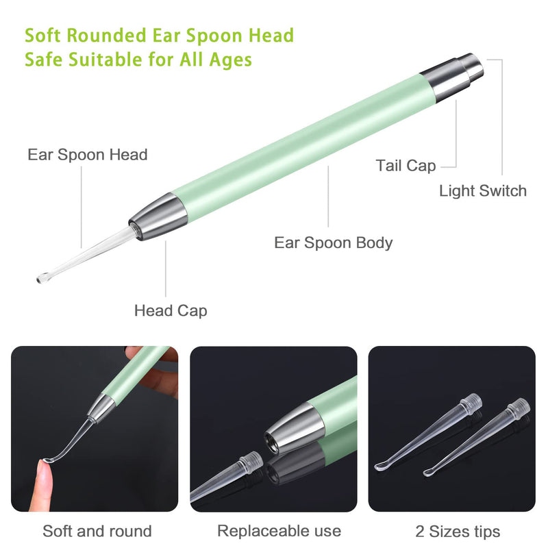 [Australia] - 4 Pack Ear Wax Removal Tool Kit with Light, Ear Pick Ear Cleaning Tools Set for Kids and Adults, Ear Picks Digger & Tweezers & Spiral Spring Ear Spoon with Storage Box (Green) Green 