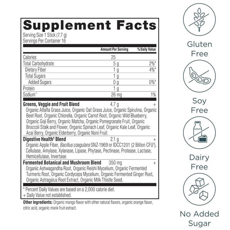 Ancient Nutrition Organic Super Greens Powder, Probiotics, Mango | Made from Real Fruits, Vegetables and Herbs, Digestive and Energy Support, 16 Packets 4.3 Ounce (Pack of 1)