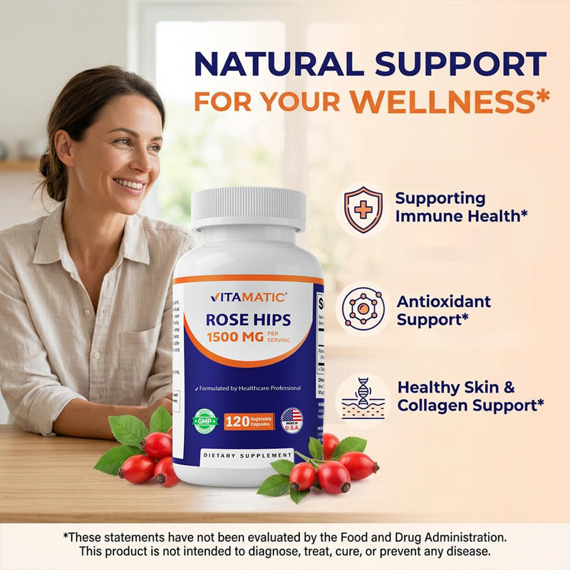 Vitamatic Rose Hips 1500 mg per Serving (Rosa Canina) – 120 Capsules – Non-GMO, Gluten Free Herbal Supplement – Rich in Natural Vitamin C & Antioxidants – Immune Support – Made in USA