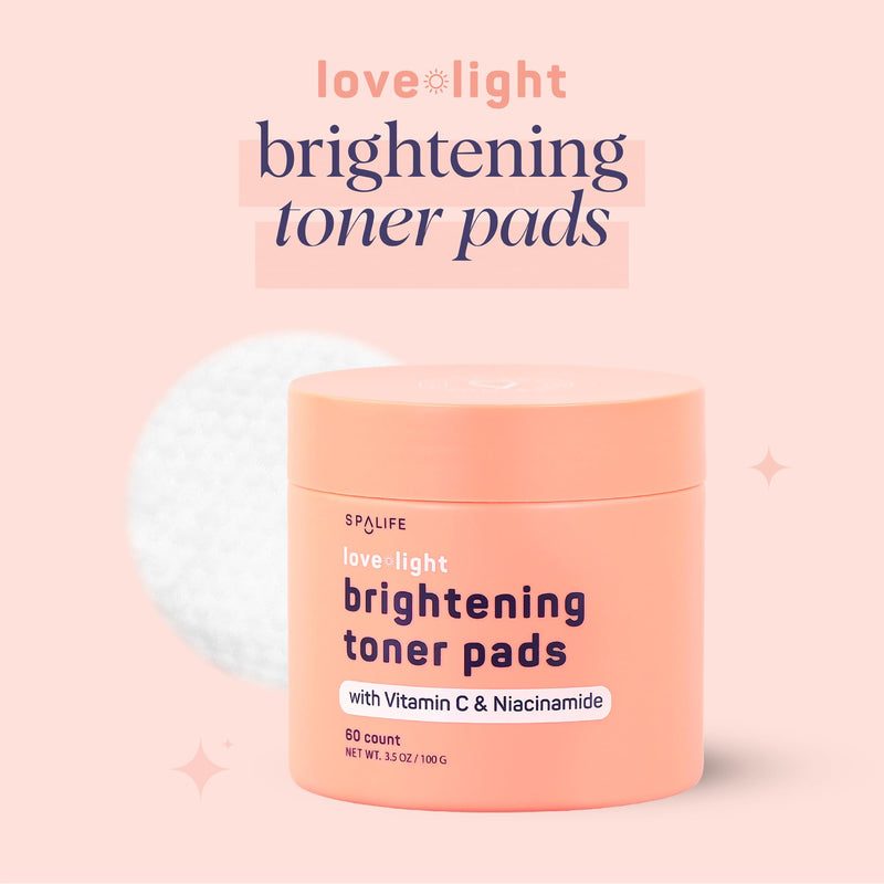 SpaLife Brightening Korean Toner Pads | For Uneven Skin Tone, Dark Spots & Discoloration, Clogged Pores, Dullness with Vitamin C, Niacinamide | Pre-Soaked Pads | 60 Count Love + Light Brightening