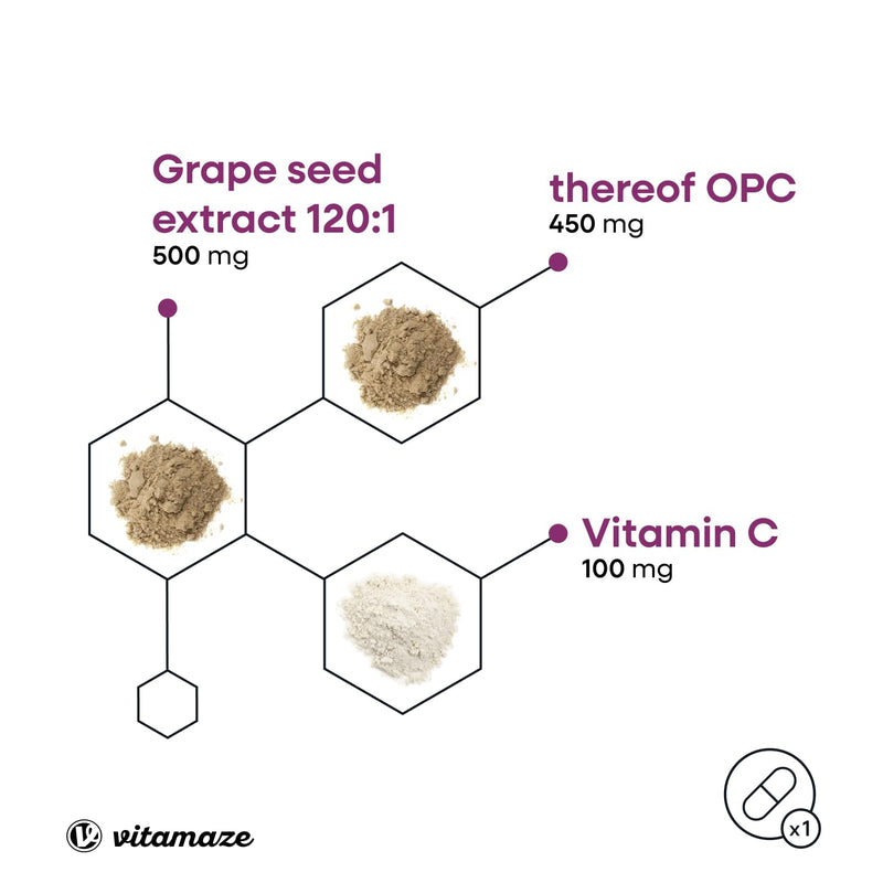 Grape Seed Extract Capsules 450mg Certified OPC +100 mg Vitamin C Antioxidant- 6 Months Supply 180 Capsules - Supplement Without Additives, Made in Germany 158.4 g (Pack of 1)