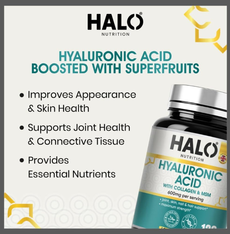 Hyaluronic Acid Supplement 600mg (500-700 KDA) - 120 Vegan Triple Strength Hyaluronic Acid Capsules - 4 Month Supply - Natural Skin, Hair & Joint Supplement for Women & Men- Halo Nutrition