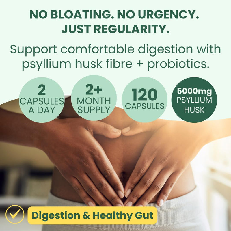 Psyllium Husk Fibre Supplement 5000mg + Probiotics – High Strength Digestive Gut & Regularity Support – 120 Vegan Fiber Capsules, UK Made – HERA Vitality 120 count (Pack of 1)