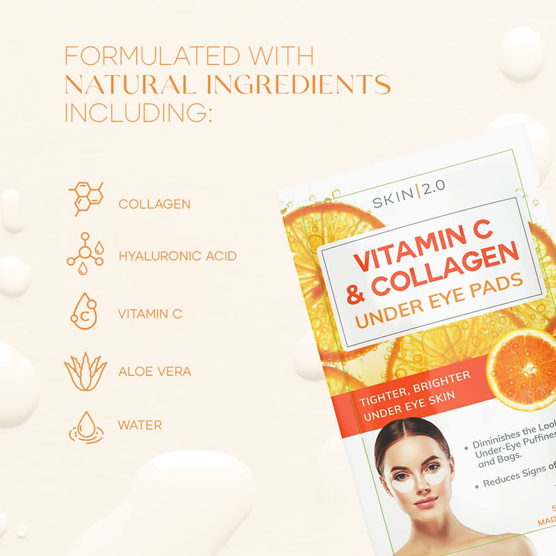 Skin 2.0 Vitamin C & Collagen Under Eye Patches - Dermatologist Tested - Brightens Dark Circles, Tightens Under Eye Area, Anti-Aging - Natural Ingredients Korean Skin Care - All Skin Types - 5 Pairs