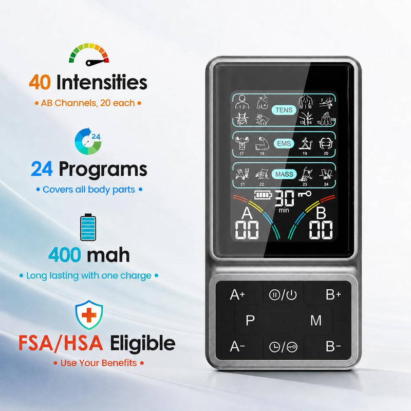 TENS Unit Muscle Stimulator with HD Color Screen, 3-in-1 TENS EMS Machine for Pain Relief & Muscle Recovery, 24 Modes Pulse Massager for Sciatica, Back, Hip, Neck, Shoulder and Elbow Pain