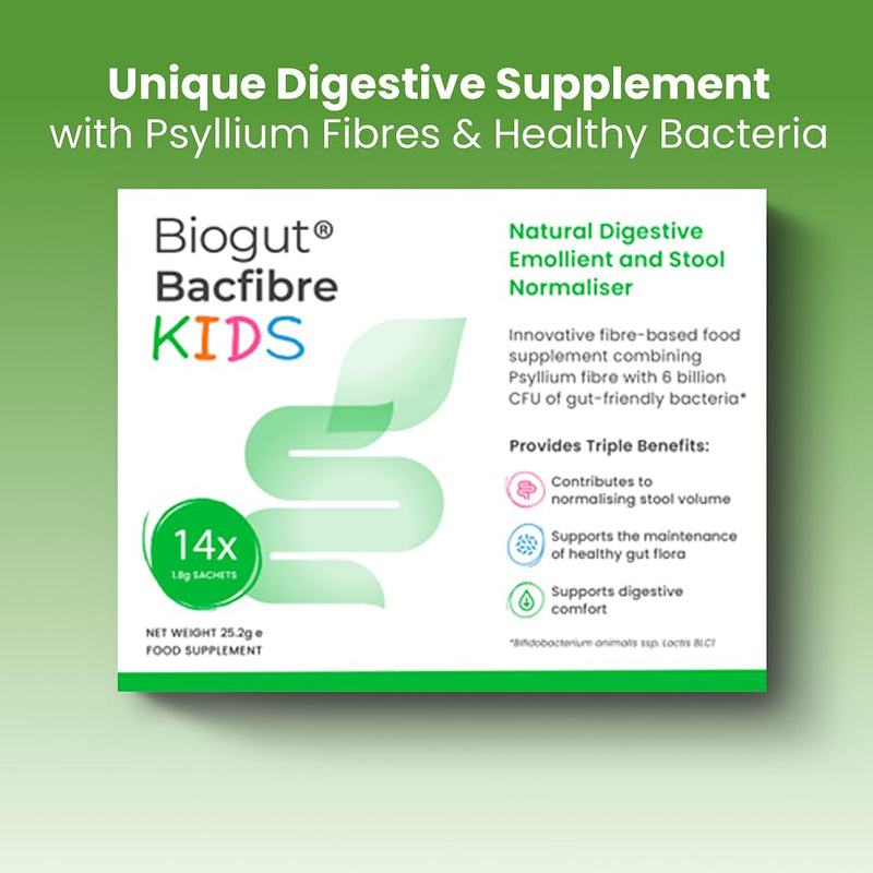 Biogut Bacfibre Kids Psyllium Husk (Ispaghula Husk) Fibre with High Strength 6 Billion Friendly Bacteria - Supports Constipation Relief and Stool Regularity -14 Sugar Free Sachets