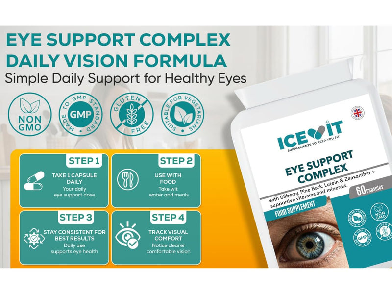 Eye Support Complex 60 Capsules with Lutein 10mg, Zeaxanthin 2mg, Bilberry & Pine Bark Extract, Vitamins E &C, Zinc for Normal Vision, Vegan Eye Health Supplement, Made in UK