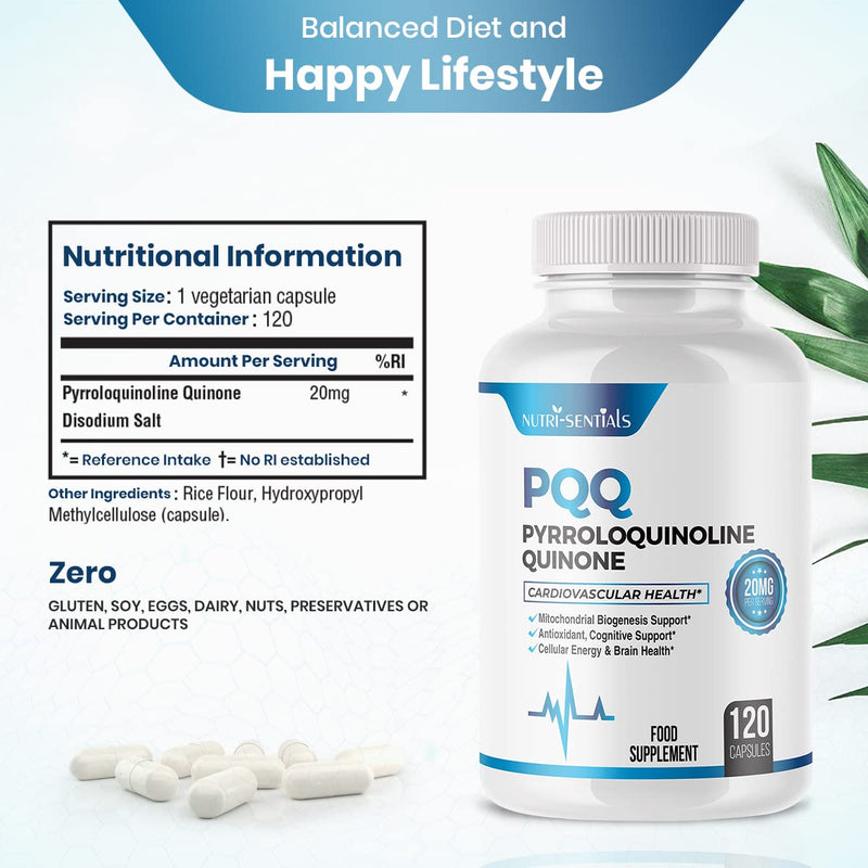 PQQ Max 20mg, 120 Capsules – Pyrroloquinoline Quinone - Promotes Mitochondrial Biogenesis, Energy Optimize | Plant Extract - Powerful & 100% Natural Supplement