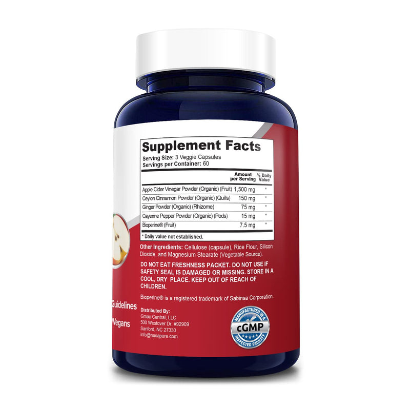 [Australia] - NusaPure Apple Cider Vinegar complex - 180 Veggie Caps - Organic ACV, Ceylon Cinnamon, Organic Ginger, Bioperine & Organic Cayenne Pepper 