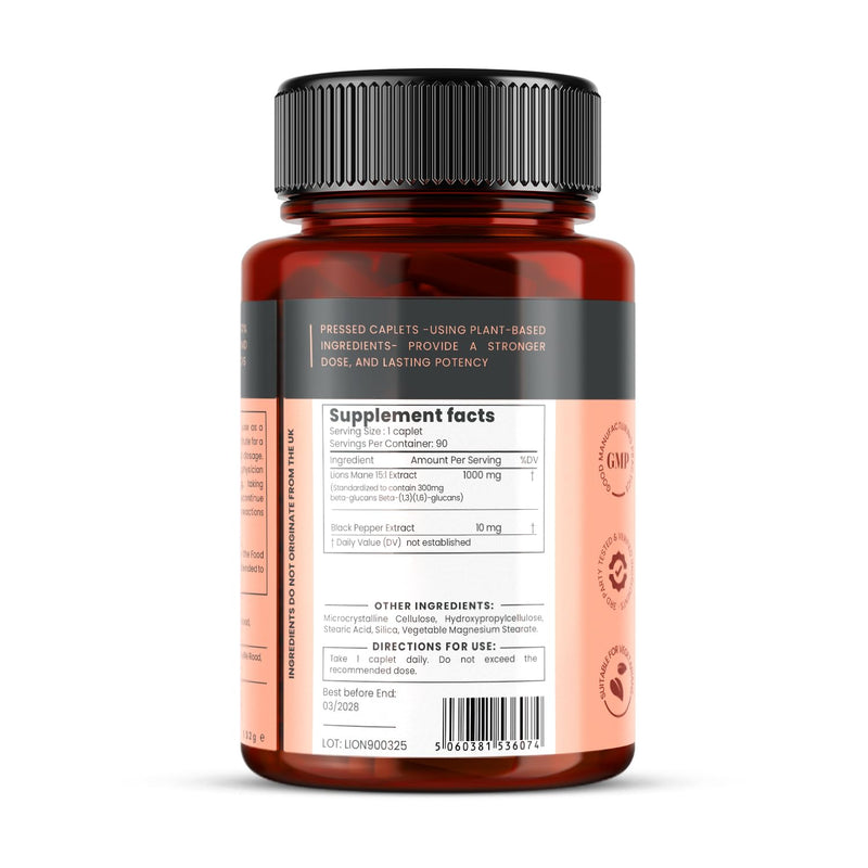 Full Spectrum Lion's Mane 15,000mg x 90 Caplets - 3 Month's Supply - 15g Mushroom Powder - 30% Beta-Glucans - No Grain, No Fillers 90 count (Pack of 1)
