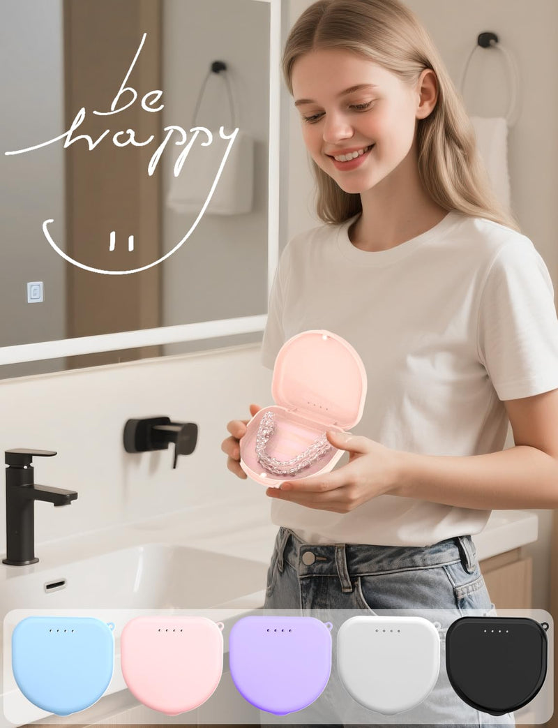 [Australia] - Retainer Case, Compatible with Invisalign, Vivera, Slim Aligner Case with Vent Holes, Portable Orthodontic Container with Removal Tool, Brush and Lanyard, Pink 