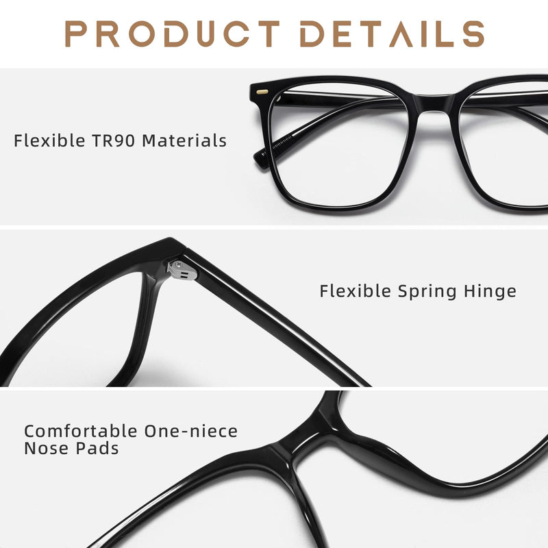[Australia] - Oversized Square Blue Light Blocking Glasses for Women Men, Anti-Fatigue Computer Monitor Gaming Glasses Reduce Eye Strain(Black) Black Clear 