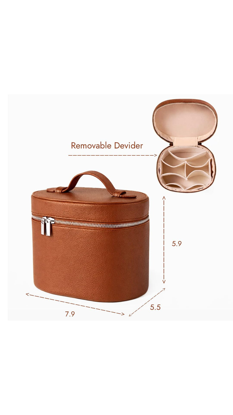 Vanity Case Makeup Bag with Compartments, Travel Cosmetic Bag Organizer with Detachable Dividers, Portable Makeup Organizer for Women Brown