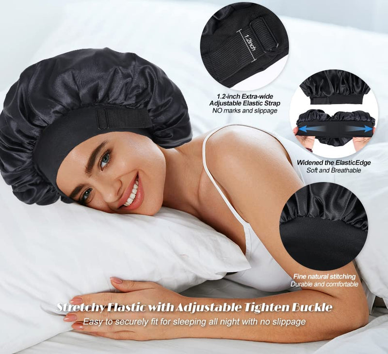 [Australia] - Silk Bonnet for Sleeping Double Layer Satin Bonnet Adjustable Bonnets for Black Women Sleep Cap Reversible Hair Bonnet for Curly Hair (Black and Purple) Black and Purple 