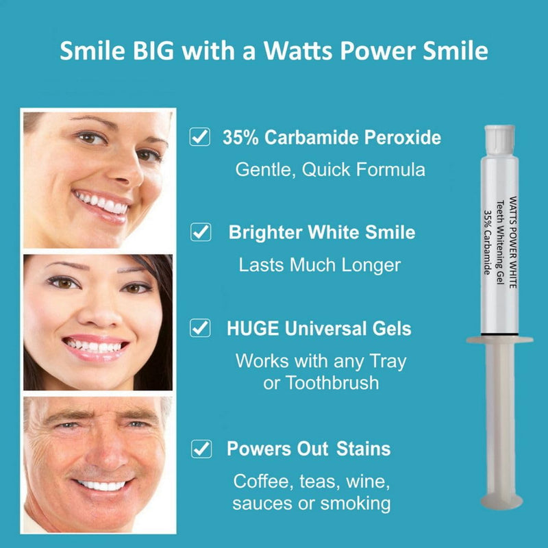 [Australia] - Watts Power 35% Dual Action Teeth Whitening Gels Huge 10ml - 4 Huge 10ml Gels Plus Aftercare Gel - Optimized OTC Dual Action for Surface and Deep Stains for Quick Results - Made in The USA - Kosher 