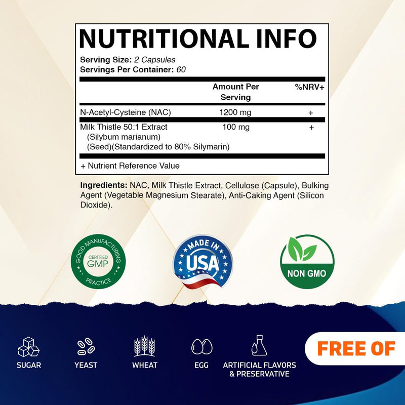 Vitamatic NAC Supplement N-Acetyl-L-Cysteine (NAC) with Milk Thistle 50:1 Extract - Supports Immune, Respiratory, Liver Health, 1200 mg per Serving, 120 Veg Capsules