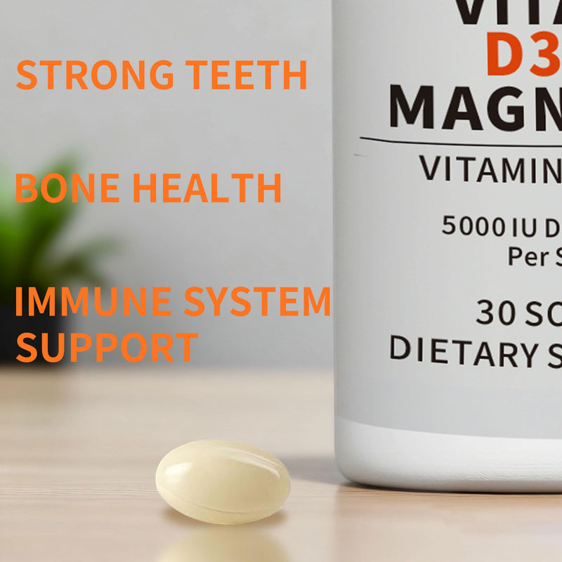 Vitamin D3 K2 5000 IU Softgels with Magnesium Supplement - & 120mcg MK-7 K2 for Bone Health & Immune Support - Non-GMO & Gluten-Free Softgels with MCT Oil- 30 Softgel 30 Count (Pack of 1)